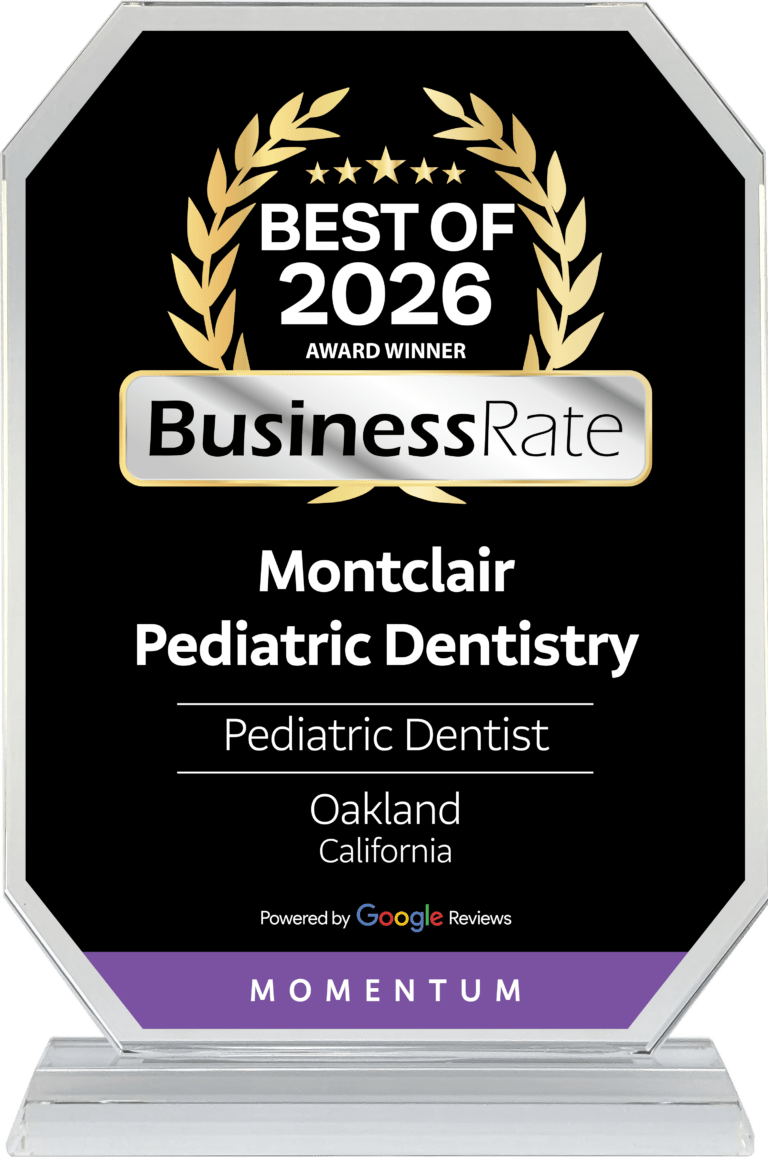 Award plaque for "Best of 2026" by BusinessRate, highlighting Montclair Pediatric Dentistry in Oakland, California.