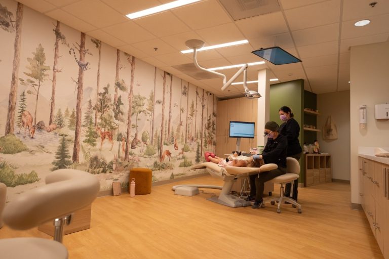 Dentist office with forest-themed mural and examining patient.