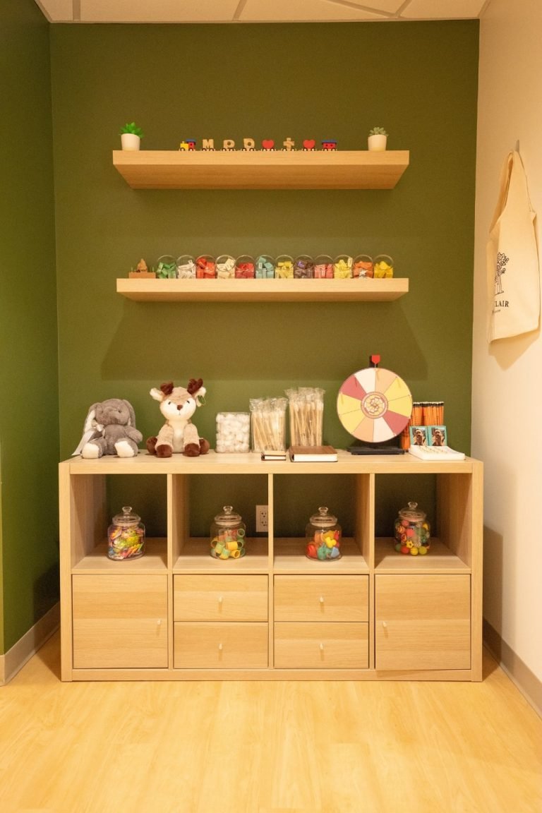 Colorful room with shelves, toys, and jars display.