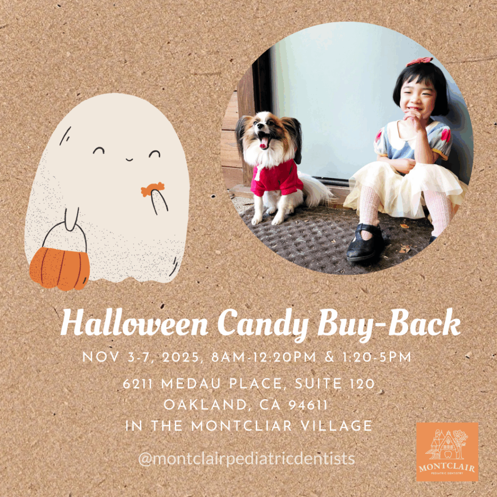 Halloween Candy Buy-Back event with ghost and child.